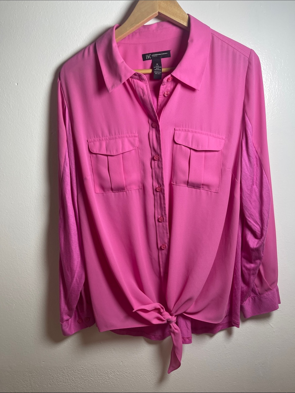 INC International Concepts Women’s Hot Pink Tie-Front Button-Down Shirt Size: 1X